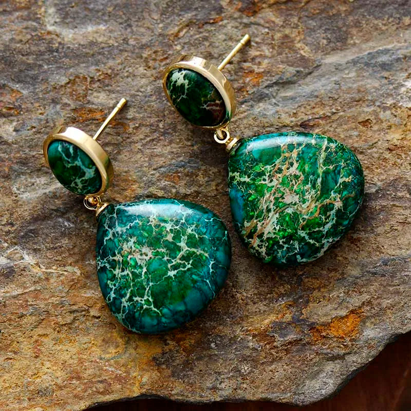 Bohemian Jewellery. Jasper Jewelry. Green Jasper Gold Plated Earrings