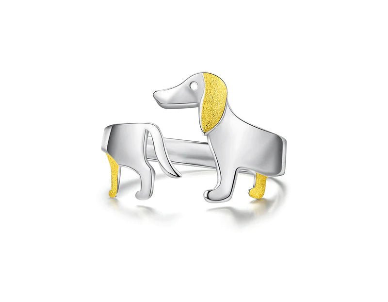 Dachshund Rezisable ring. Adustable dog ring. Handade in sterling silver nd 18k gold