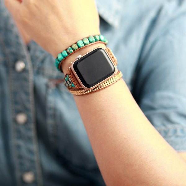 turquoise Vegan Apple Watch. Handmade with natural stones. Vegan rope.