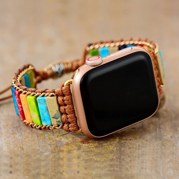 Sustainable Vegan Chakra Apple Watch Band with Gemstones. 