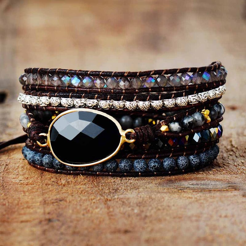 Black Onyx 5 layer bracelet. Three layer bracelet with natural stones. Gemstone black bracelet