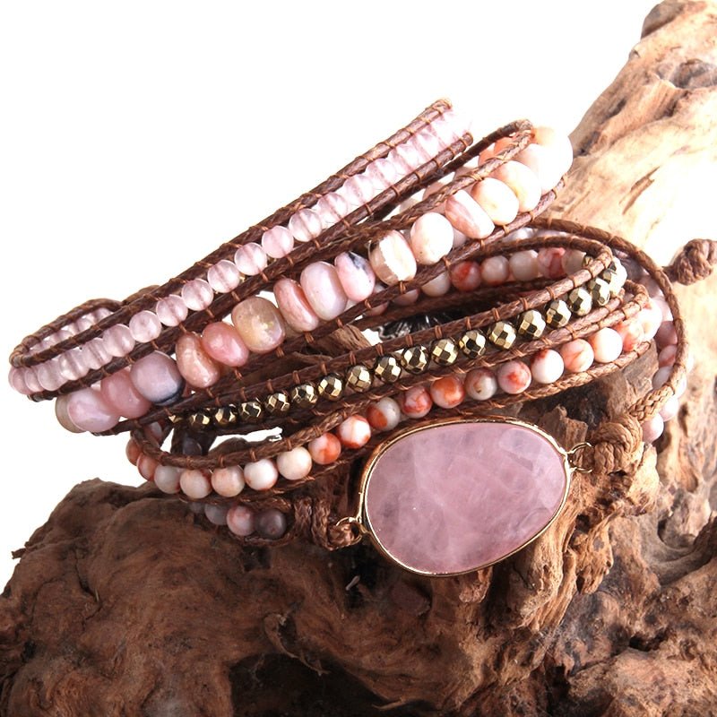 Rose Quartz natural stone  Boho Bracelet Layered. 