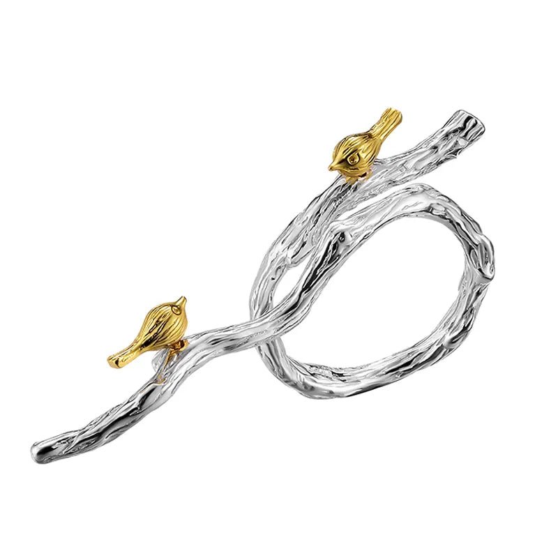 Sterling Silver and 18k Gold Bird on Branch Adjustable Ring.