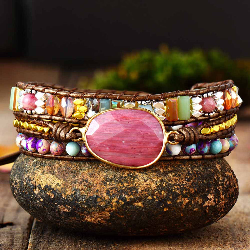 Pink Rhodonite Bracelet. Leather strap boho bracelet. Handmade Bohemian Jewellery. 