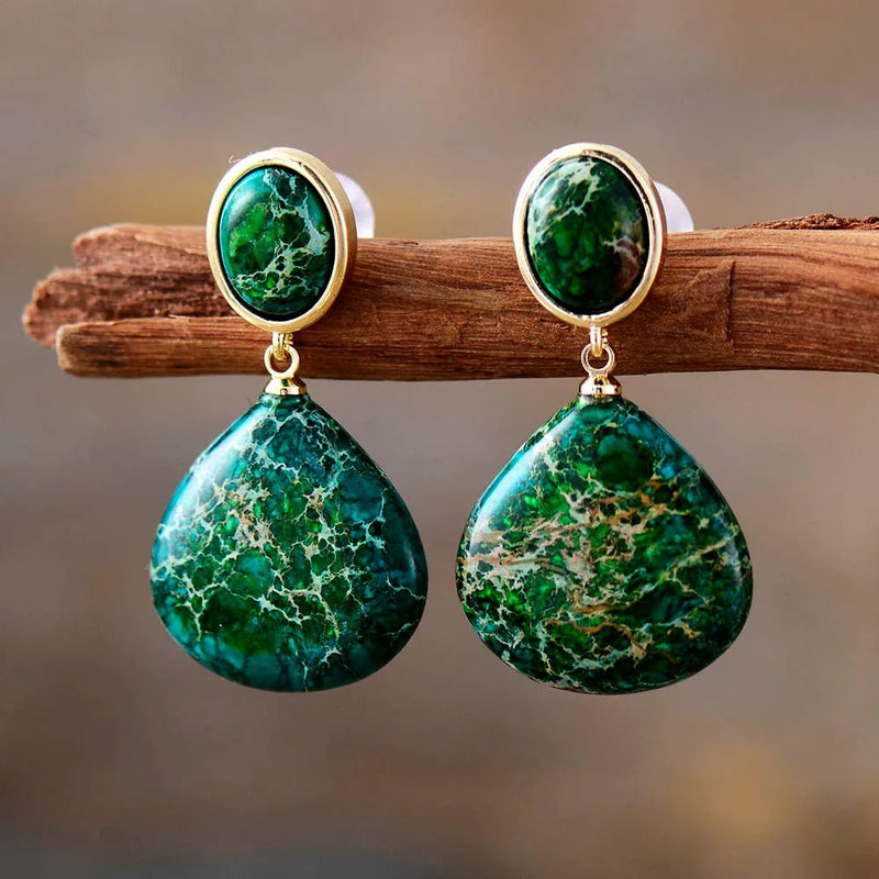 Green Jasper Stud Earrings. Gold Plated. Handmade. 