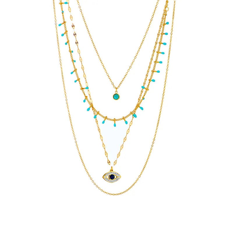 Waterproof Evil Eye Necklace with Agate stones. Protection necklace in 18k gold plated. 