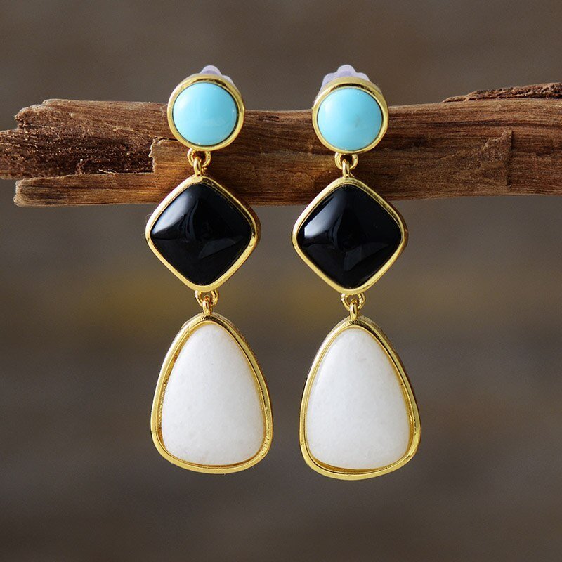 Turquoise, Black Agate and Moonstone natural gemstones Earrings. Handmade jewellery. Spiritual Jewellery. Chakra stones uk.