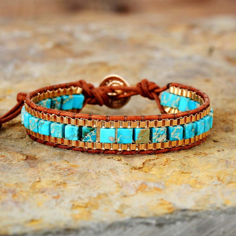 Turquoise Brown Leather Bracelet. Chakra balance stone. Handmade with love