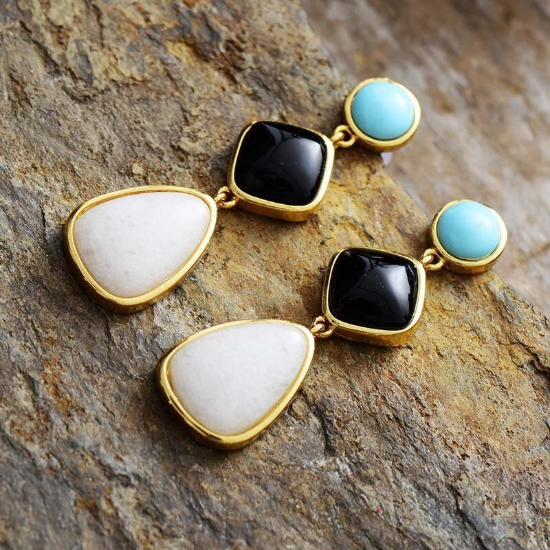 Bring Balance Back- Turquoise, Moonstone and Black Agate Dangle Earrings