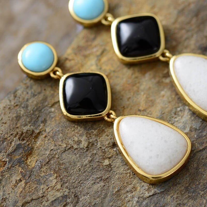 Bring Balance Back- Turquoise, Moonstone and Black Agate Dangle Earrings