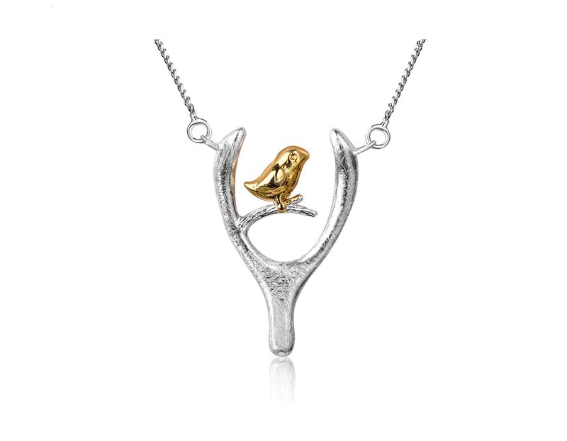 Bird and Wishbone Necklace. Nature Inspired Jewellery in 925 Sterling Silver and 18k gold